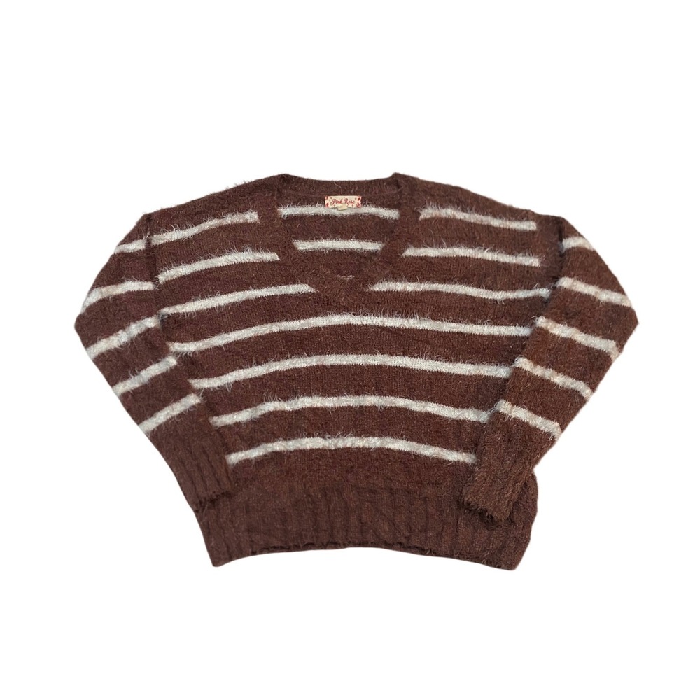 Pink Rose Brown White Striped Eyelash Fuzzy Knit V-Neck Sweater Large PF9S20500